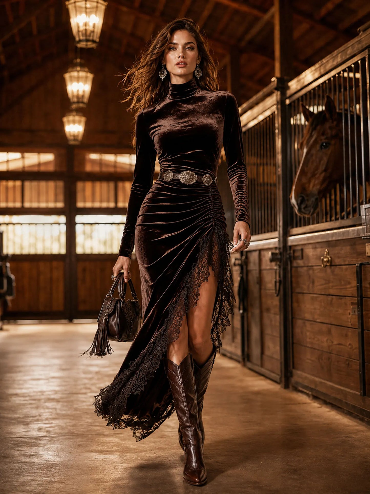 Brown Mock Neck Ruched Waist Lace Trim Slit Velvet Maxi Dress