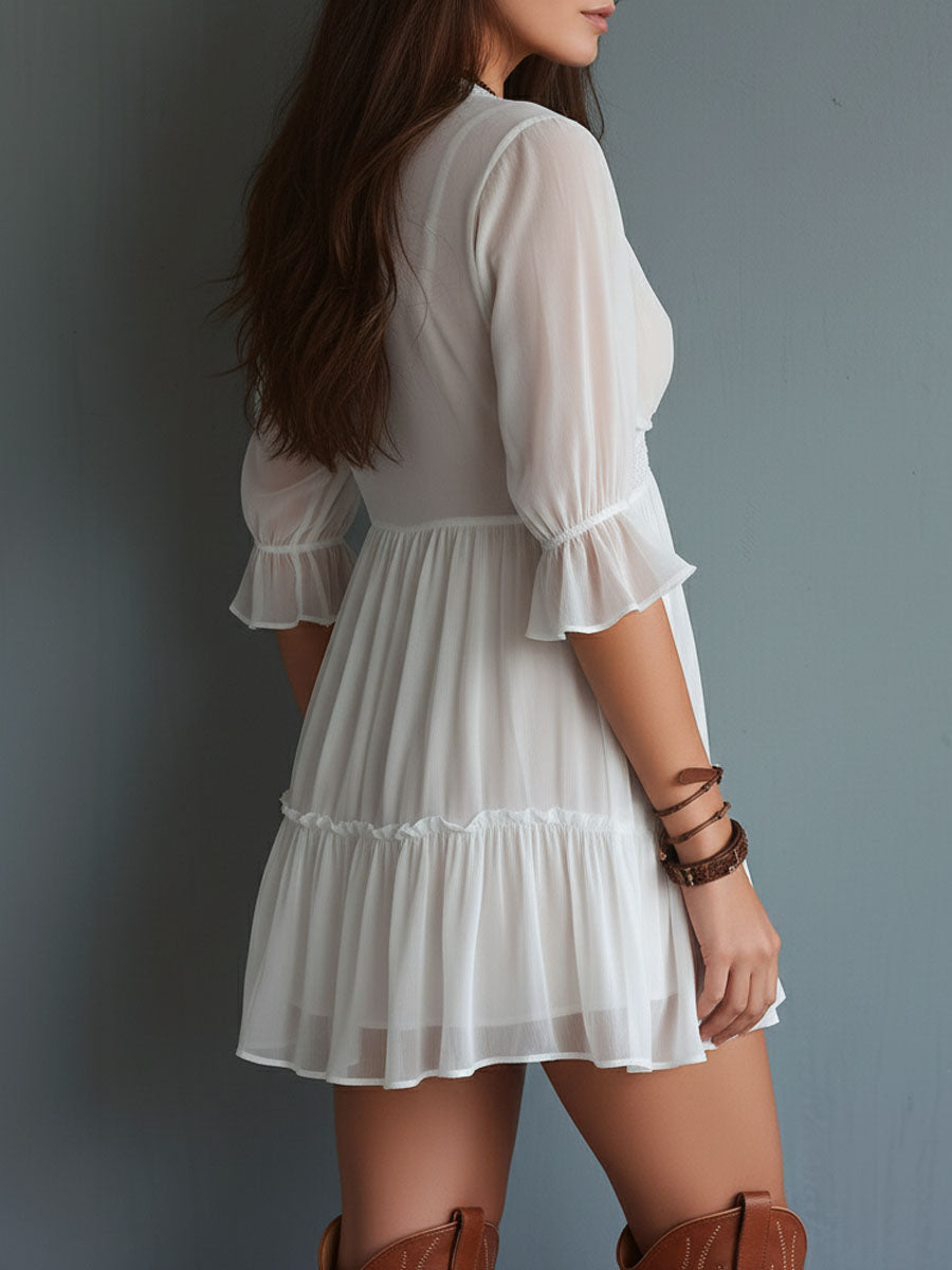 Boho White Lace-Trim Three-Quarter Sleeve Mini Dress