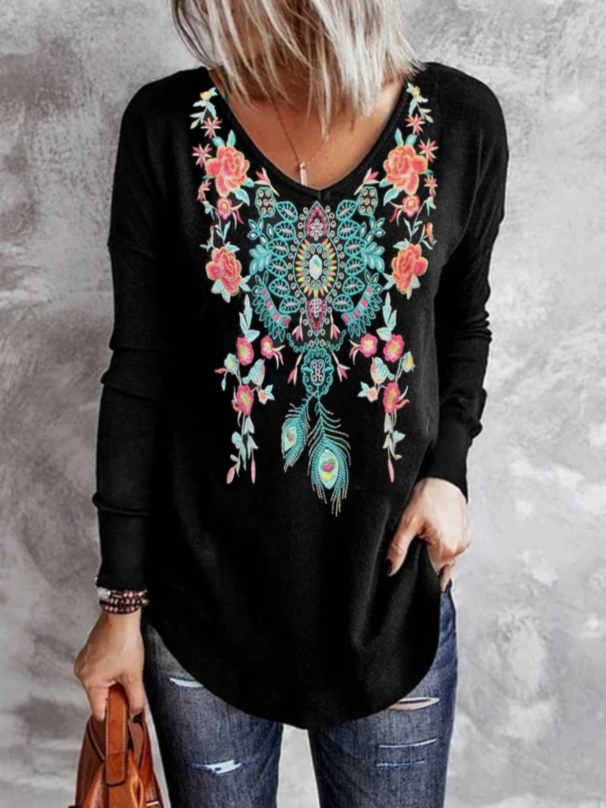 Casual Long Sleeve V Neck Plus Size Printed Tops T-shirts