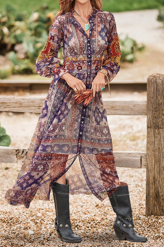 Bohemian Print Buttoned Dress