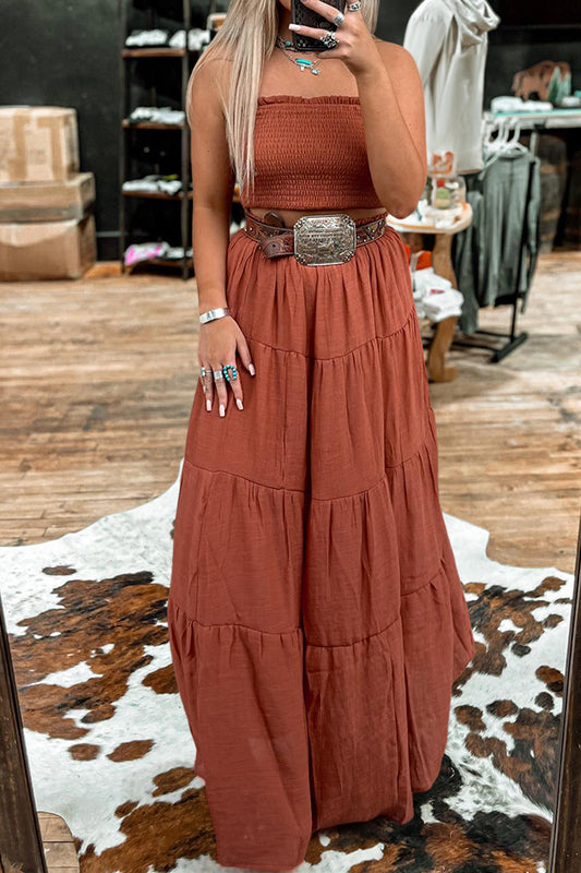 Western Solid Color Tube Top Ruffled Long Skirt Suit
