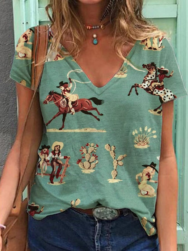 Women's Vintage Western Cowgirl Horse Print Casual T-shirt