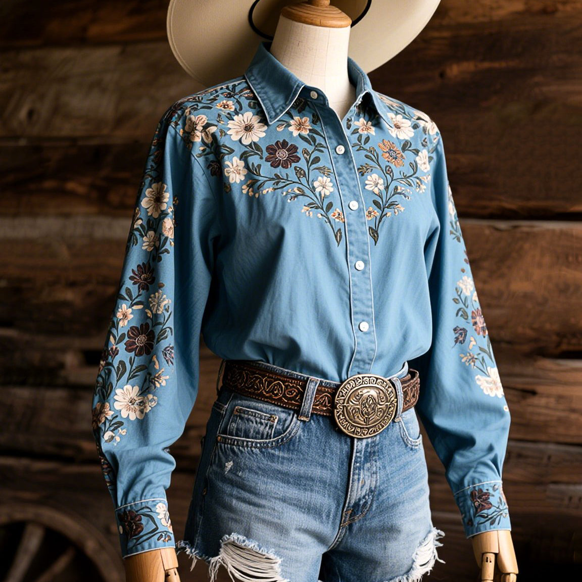 Women's Vintage Western Floral Art Long Sleeve Shirt