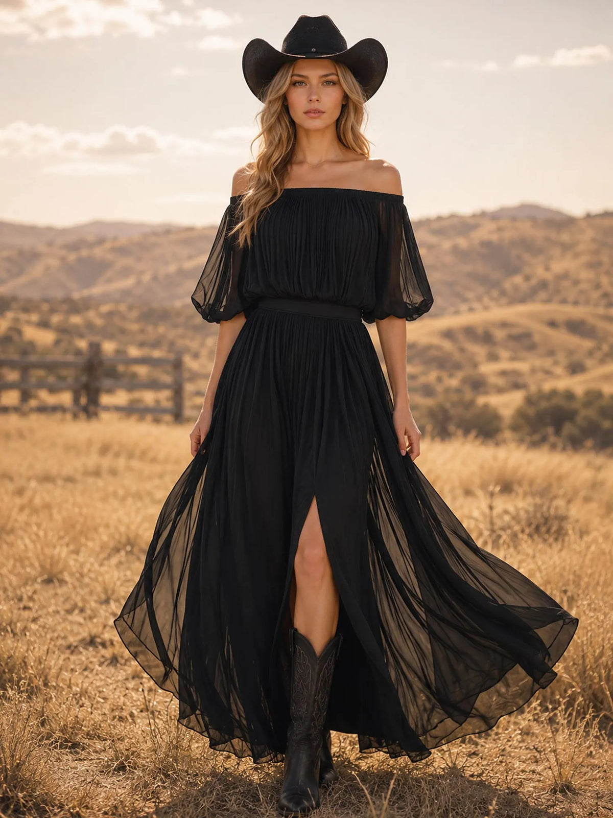 Perfect for Country Music Festivals — Black Off-the-Shoulder Pleated Chiffon Western Maxi Dress