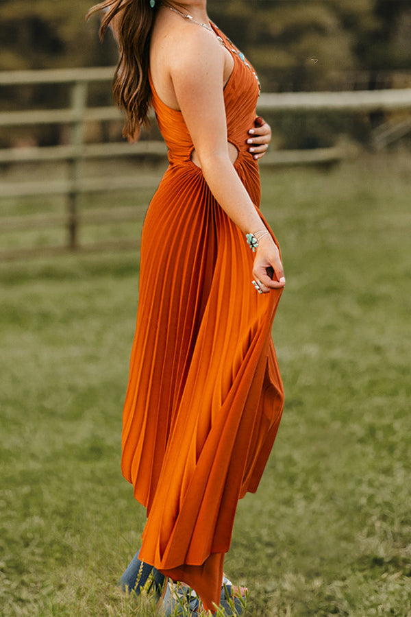Beautiful One-Shoulder Pleated Cutout Dress