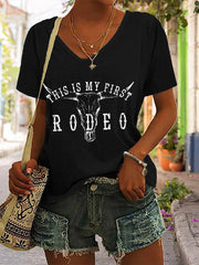 Women's Western This Is My First Rodeo Printed V-Neck T-Shirt