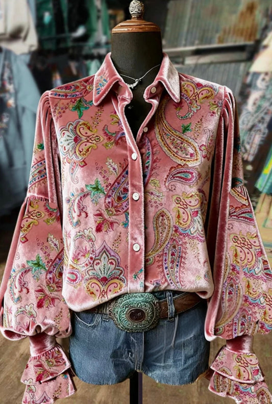 Vintage Paisley Print Balloon Sleeve Velvet Top