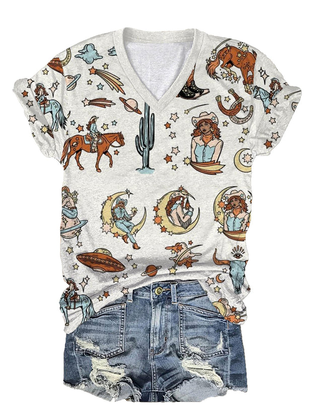 Women's Retro Western Cowgirl Print V-Neck T-Shirt