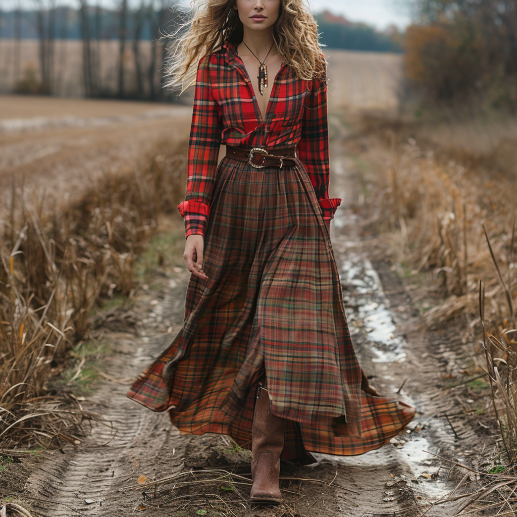 Retro V-neck Plaid Women's Long-sleeved Long Skirt Country Pastoral Retro Dress