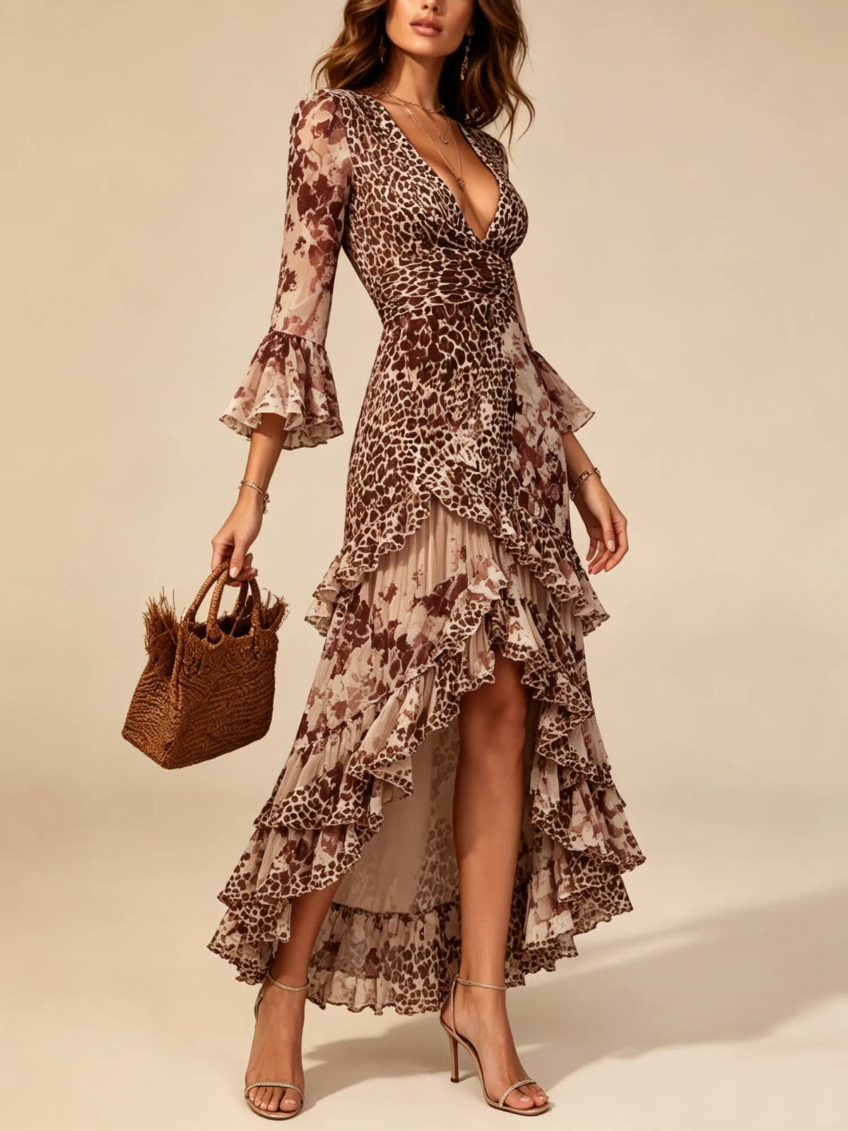Western-Style Dress — Ochre Brown Deep V-Neck Leopard Print Patchwork Heavy-Duty Layered Ruffled Lace Fabric Maxi Dress