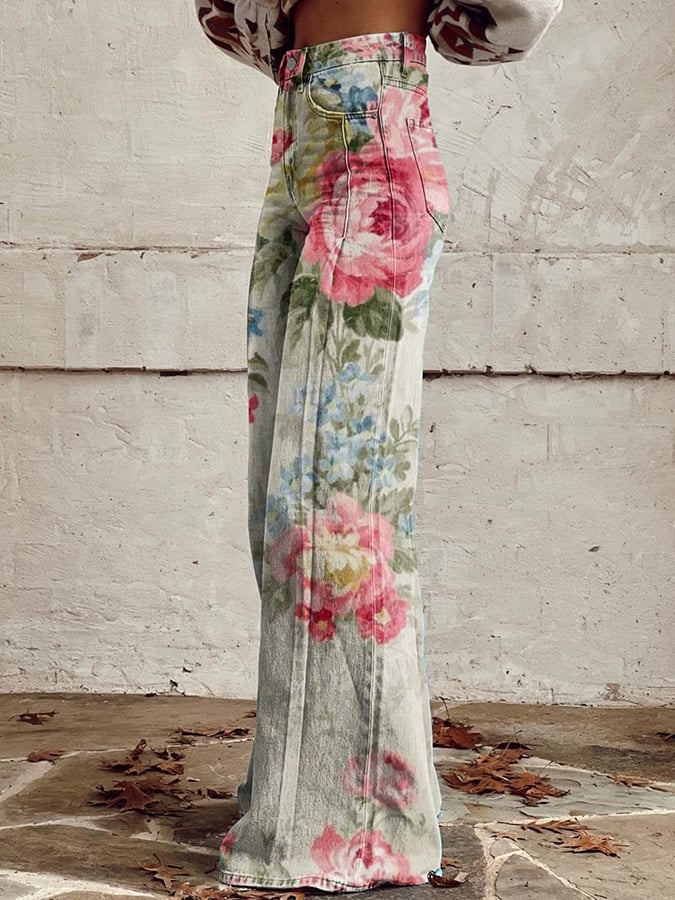 Women's Vintage Botanical Floral Wide Leg Pants