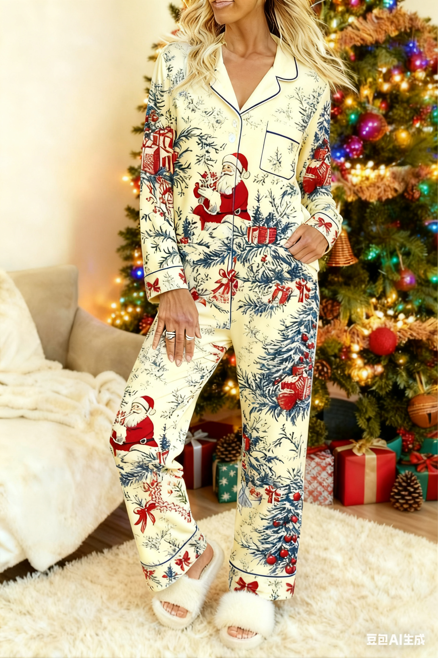 Vintage Christmas Santa Print Pajama Set