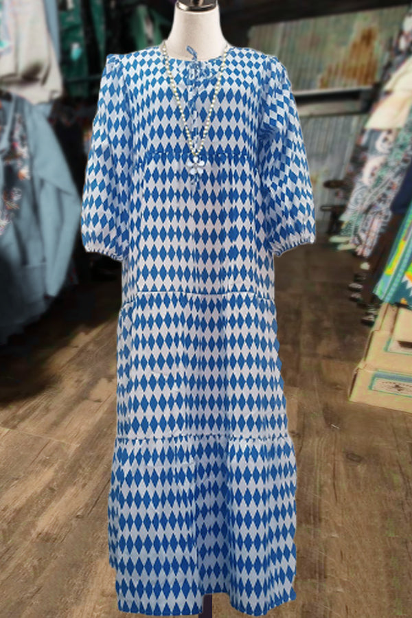 Geometric Print Bubble Sleeve Maxi Dress