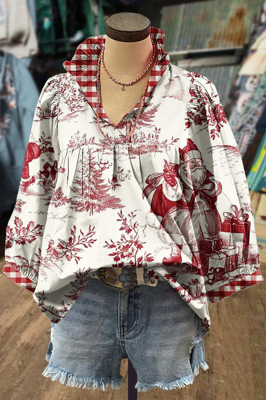Vintage Christmas Santa Print Plaid V-Neck Top