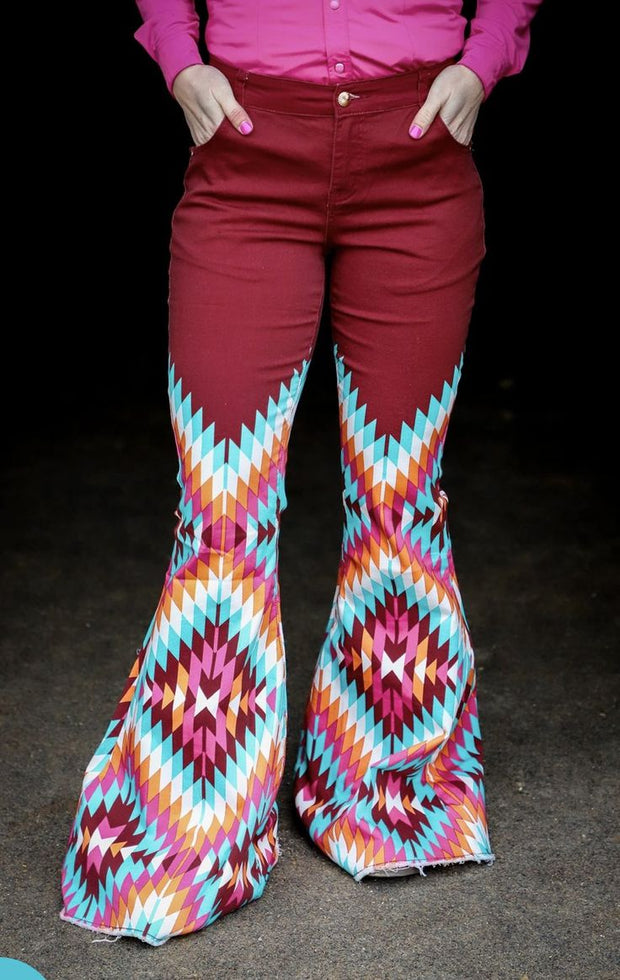 Retro Red Aztec Print Flared Jeans
