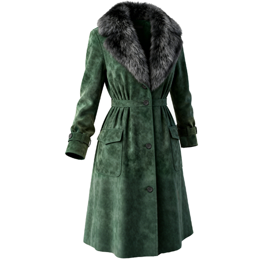 Women's Elegant Green Suede Coat With Fur Collar