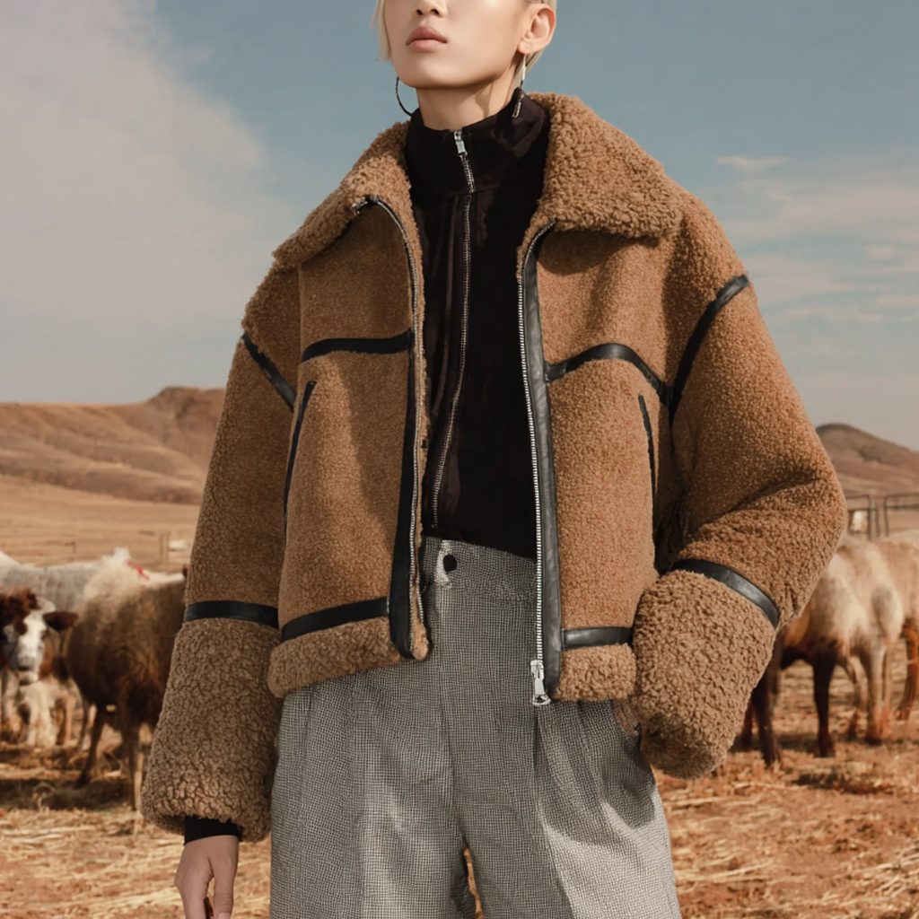 Women's Vintage Cozy Brown Teddy Coat With Leather Trim