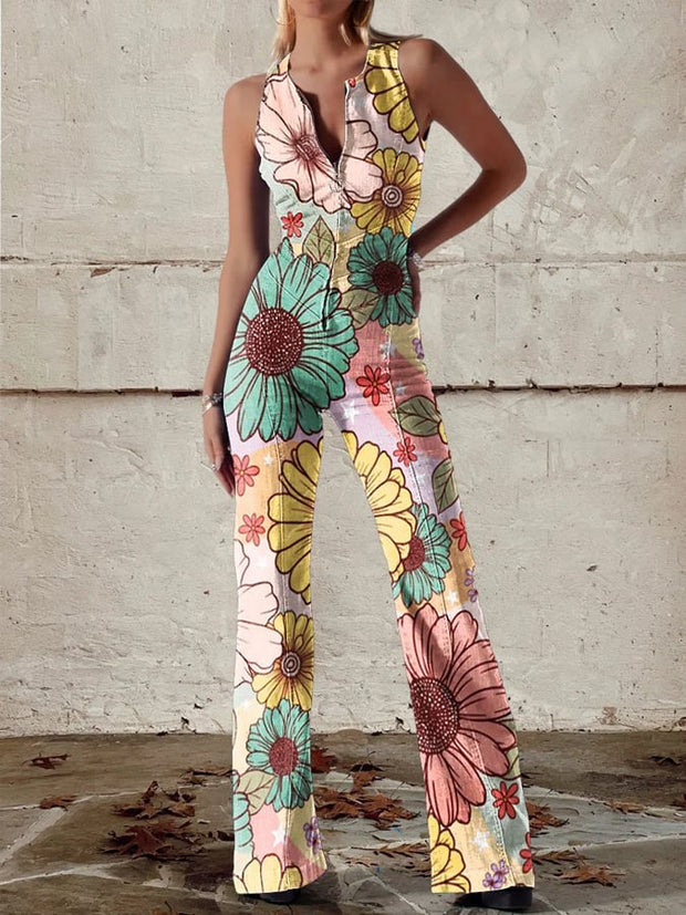 Women's retro flower irregular patchwork printed casual jumpsuit