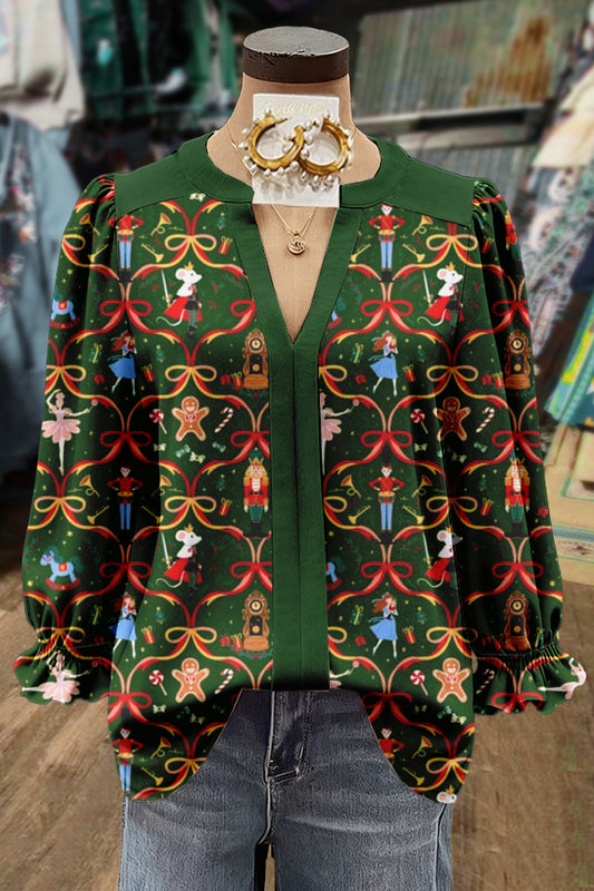 Christmas Ribbon Nutcracker Print Long Sleeve Top