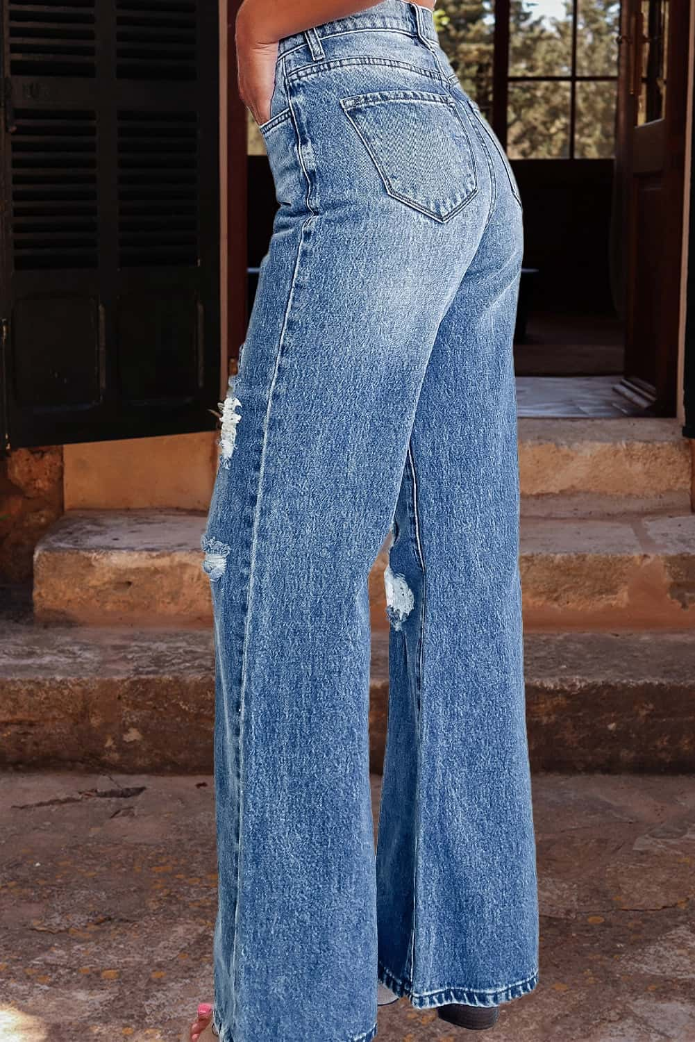 Wash Distressed Wide Leg High Waist Jeans