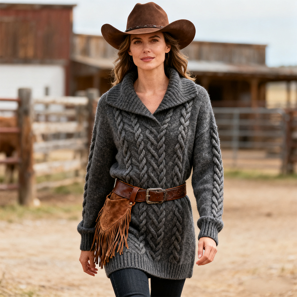 Women's Vintage Cozy Cable Knit Sweater Dress With Western Belt And Fringe Bag