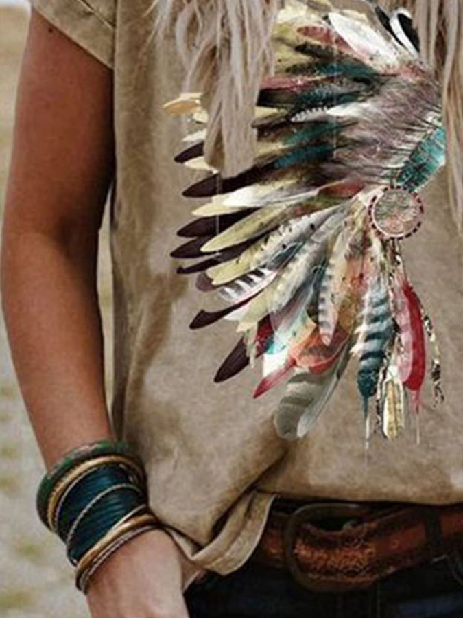 Indian Feather Print Short-Sleeved T-Shirt