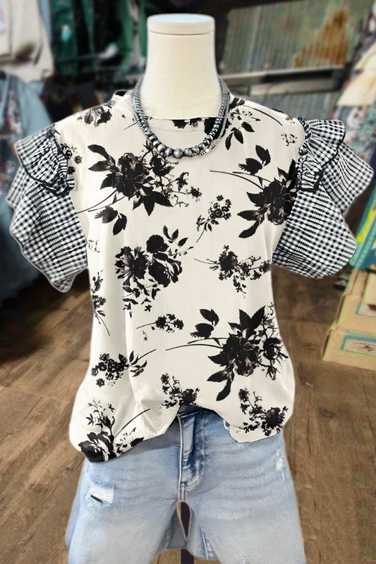 Elegant Floral Print Plaid Sleeve Top
