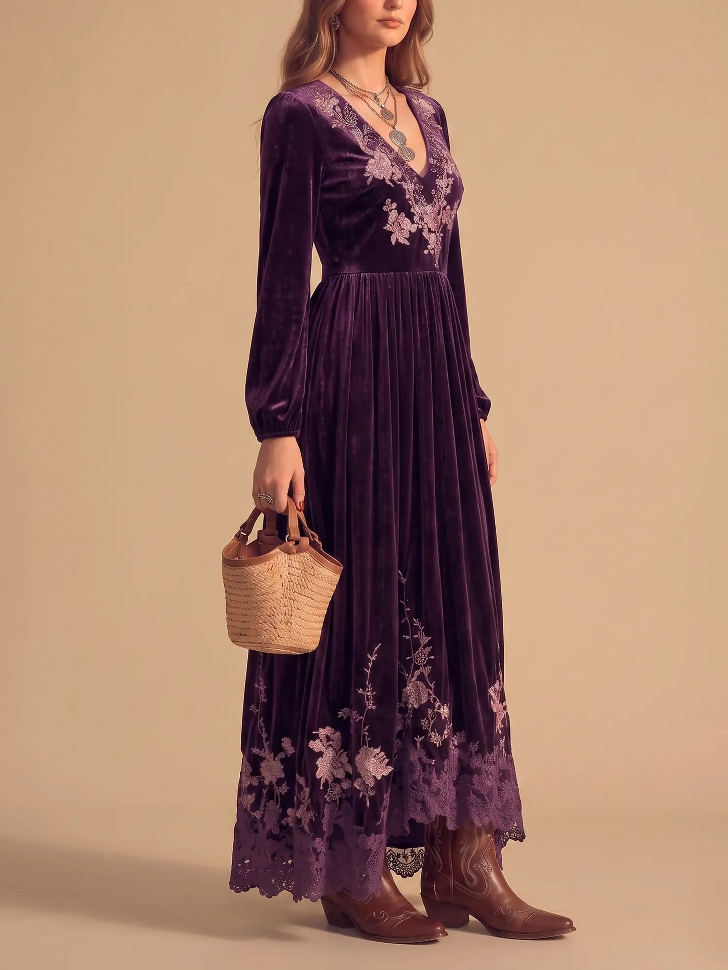Purple Velvet Floral Embroidery Lace Hem Plunge V-Neck Bishop Sleeve Maxi Dress
