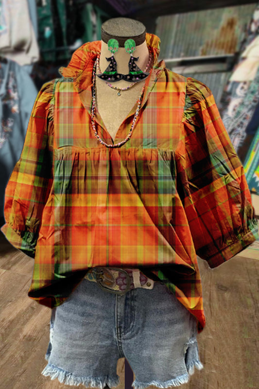 Colorful Plaid V-Neck Halloween Top