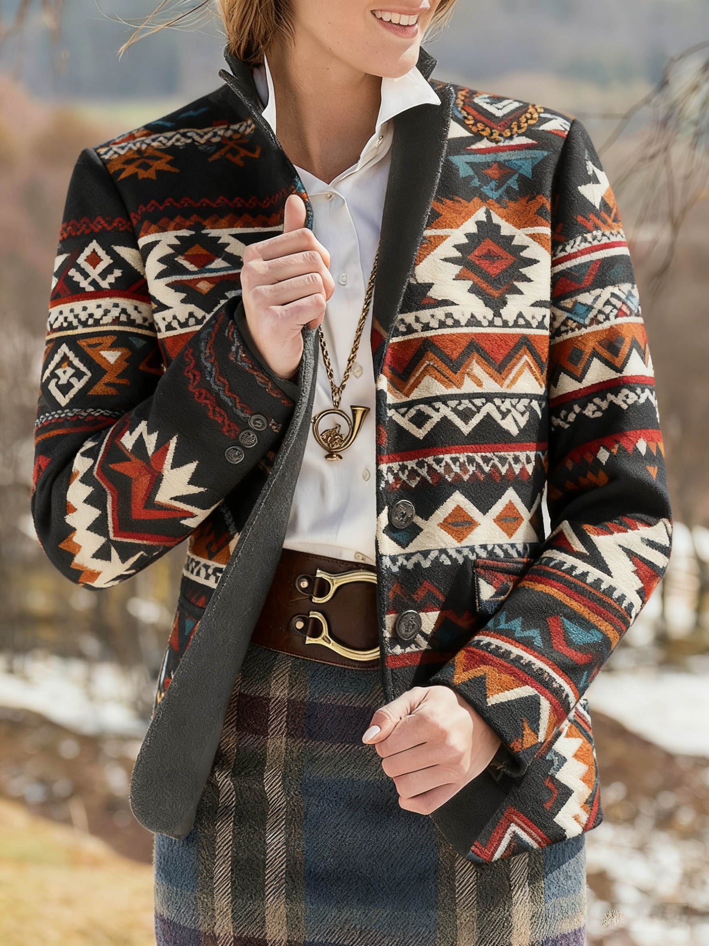 Women's Colorful Geometric Print Slim Fit Suit Jacket