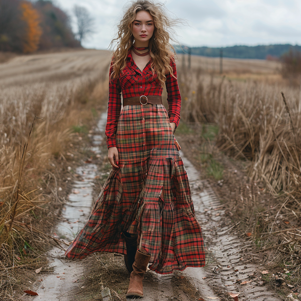 Retro V-neck Plaid Women's Long-sleeved Long Skirt Country Pastoral Retro Dress