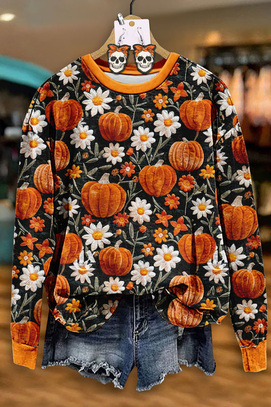 Halloween Daisy Pumkins Print Sweatshirt