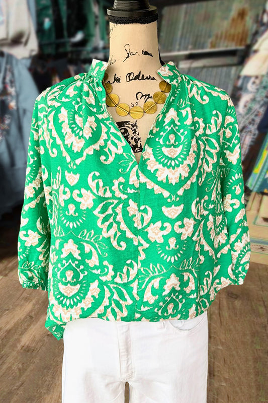 Vintage Print V-Neck Three Quater Sleeve Top