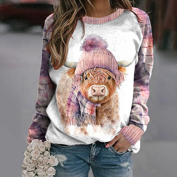 Western Highland Cows Print Crew Neck Sweatshirt