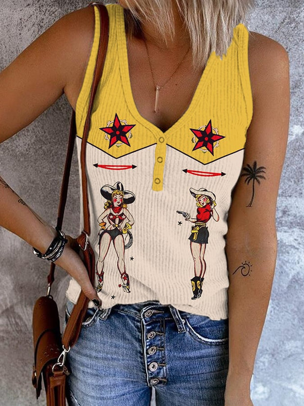 Women's Retro Western Cowgirl Print Button V Neck Vest
