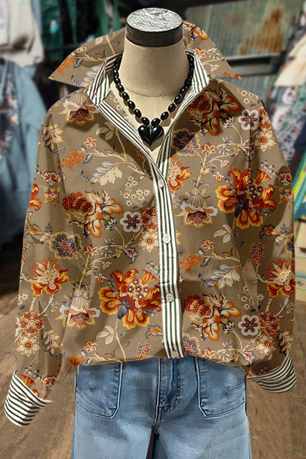 Vintage Floral Print Striped Long Sleeve Blouse