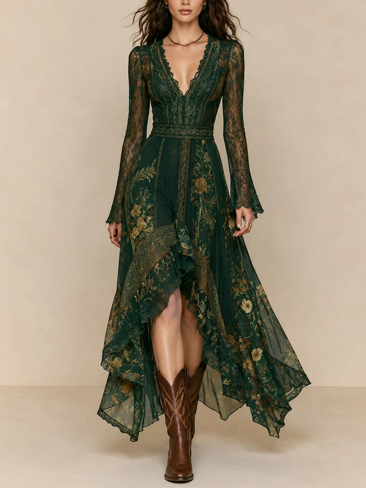 A sophisticated autumn Western Bohemian style choice — 2026 Forest Green Deep V-neck Lace Floral Pattern Maxi Dresses
