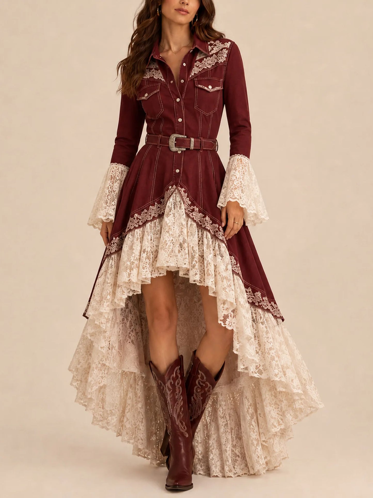 Claret Lace Patchwork Collared Button-Down Belted Bell Sleeve High-Low Tiered Ruffle Western Maxi Dress