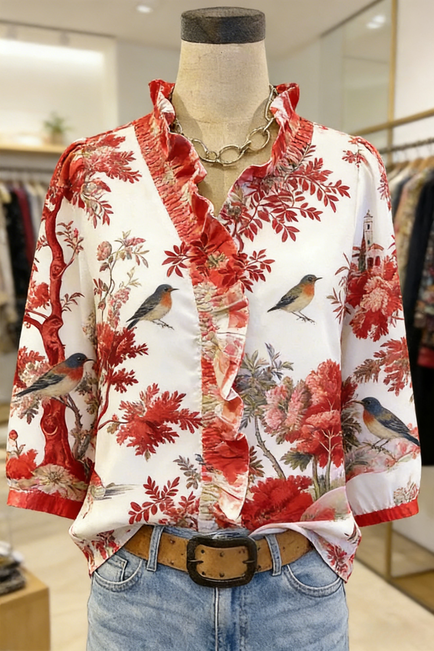 Red Botanical Bird Print Ruffle-Neck Blouse – 3/4 Sleeve Top