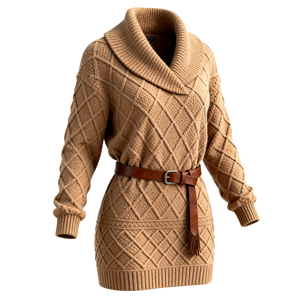 Women's Vintage Camel Cable Knit Sweater Dress