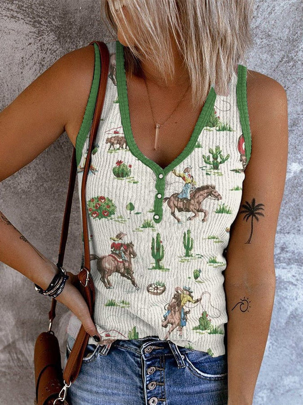 🔥Buy 2 Get 5% Off🔥Women's Vintage Western Cowgirl Button-Up Collar Printed Tank Top
