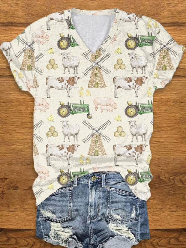 🔥Buy 2 Get 5% Off🔥Women's Western Vintage Farm Animal Print V-Neck Short Sleeve T-Shirt