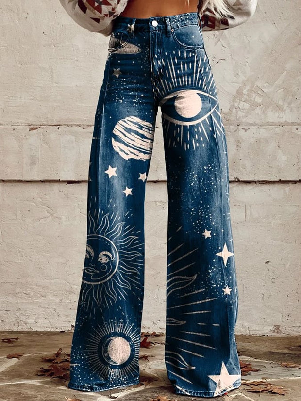 Women's Vintage Stars Print Casual Wide Leg Pants