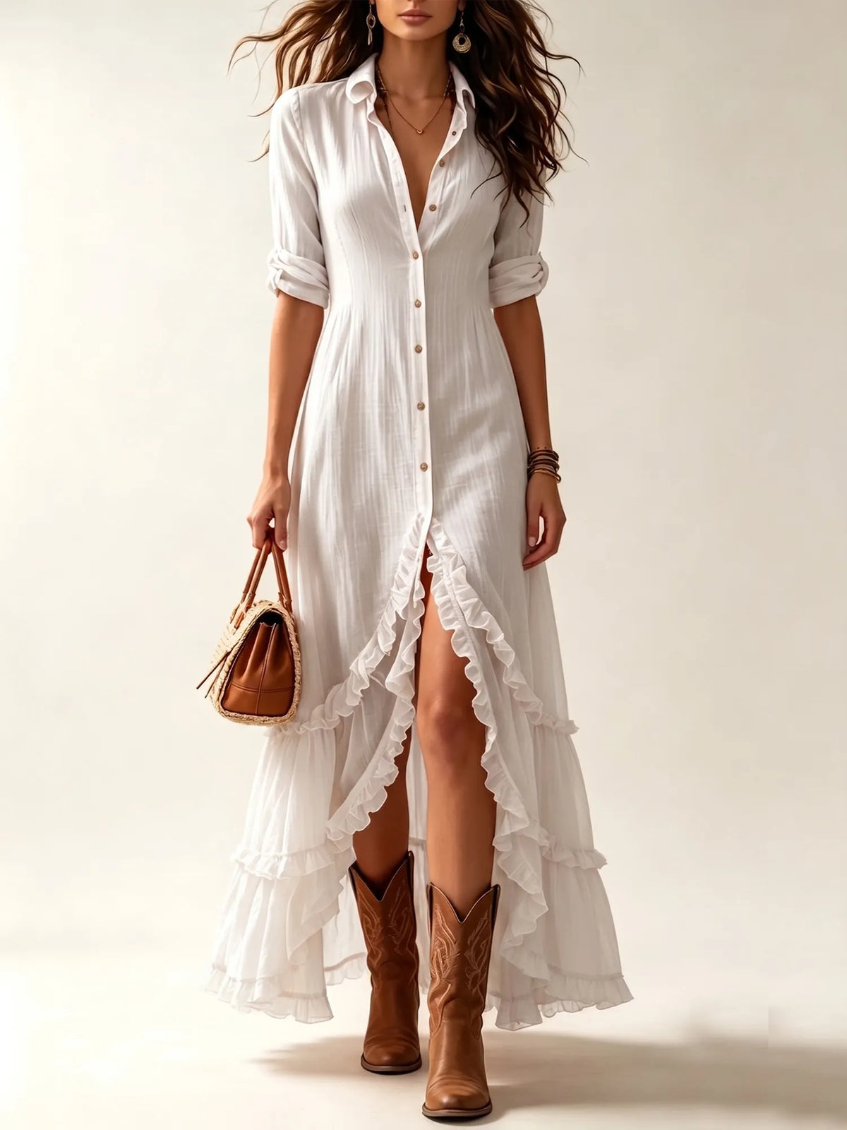 Western-style dress - Irregular front slit with tiered hem Maxi Dresses
