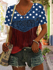 Women's American Flag Pattern Floral Tassel Art Print T-Shirt