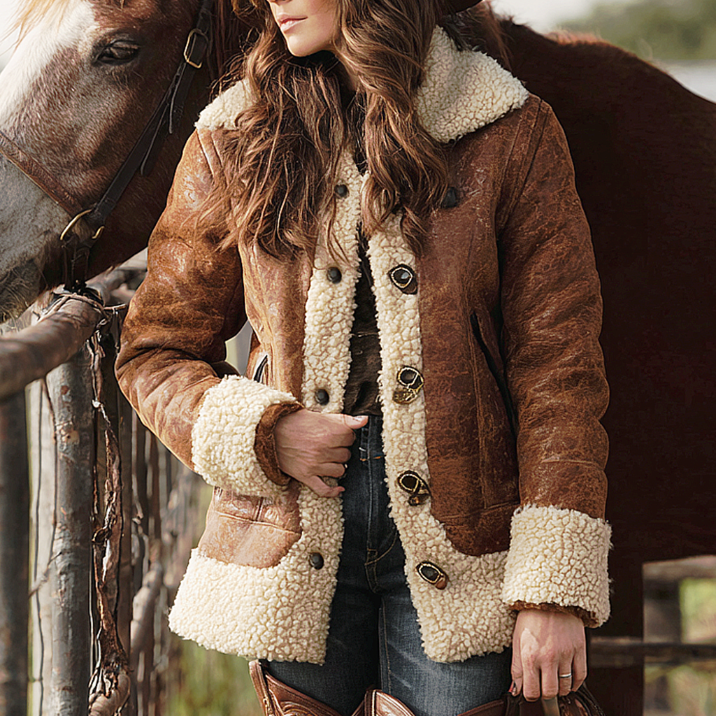 Women's Autumnal Warmth Button Suede Spliced With Lamb Wool Brown Jacket