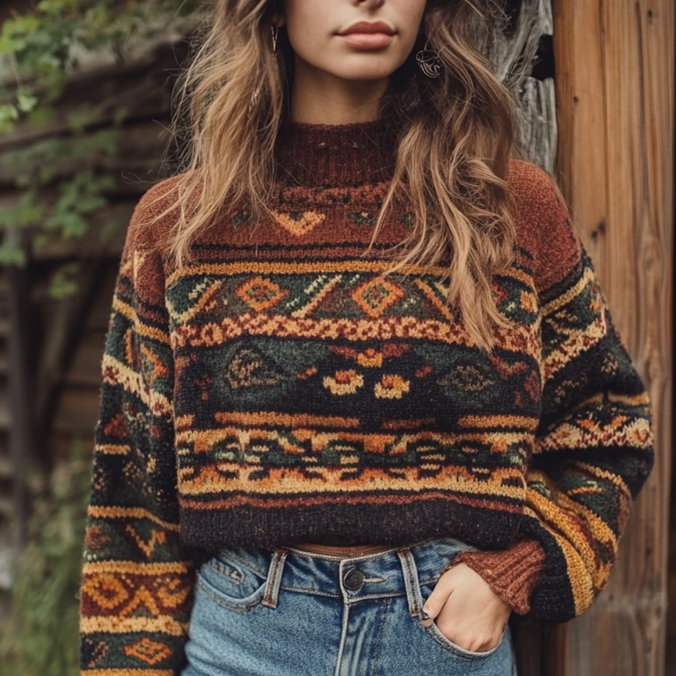 Women's Vintage Ethnic Style Christmas Print Round Neck Oversized Sweatshirt