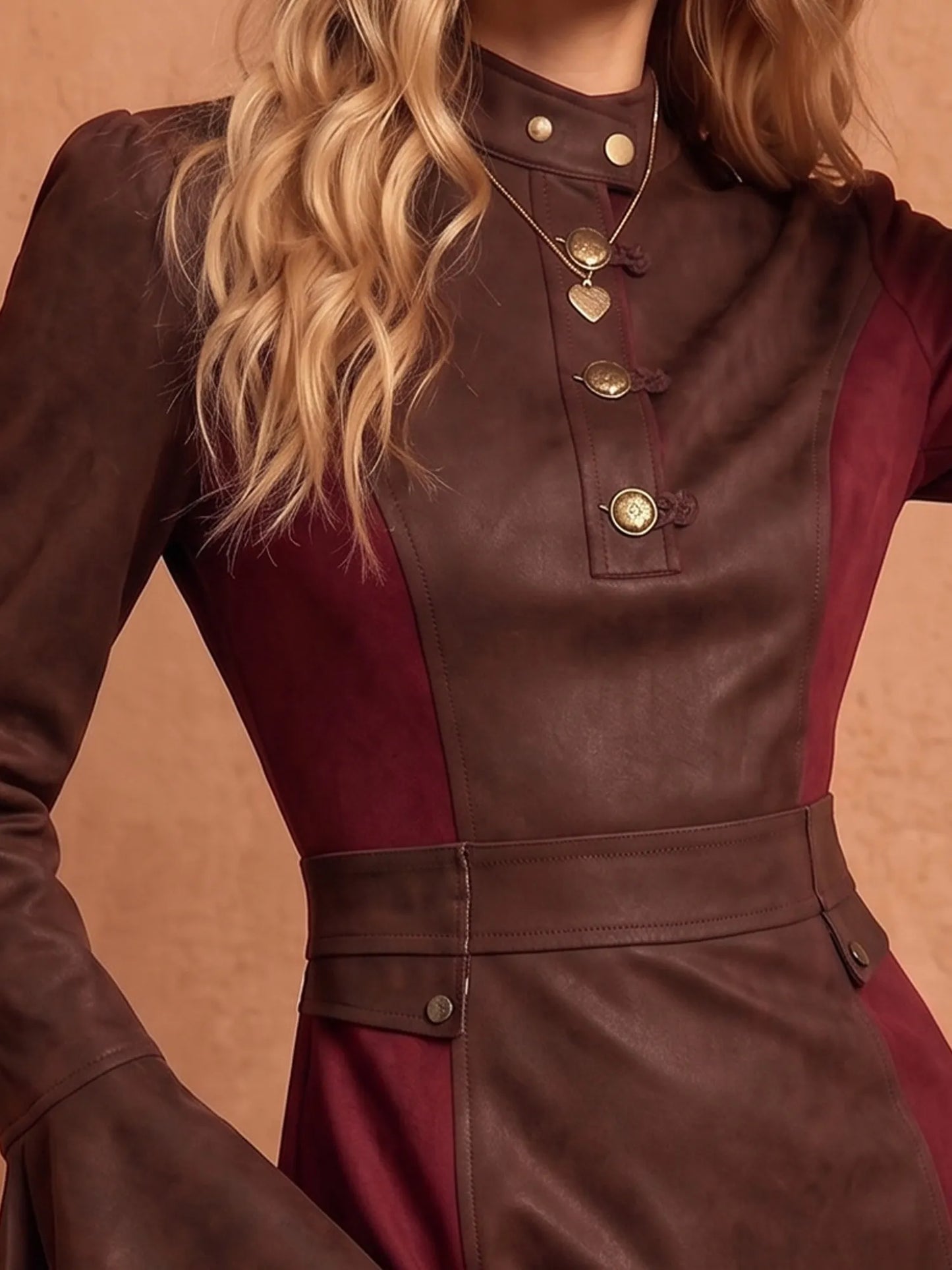 Claret Colorblock Faux Suede Mock Neck Flared Sleeve Dual Slit Mini Dress