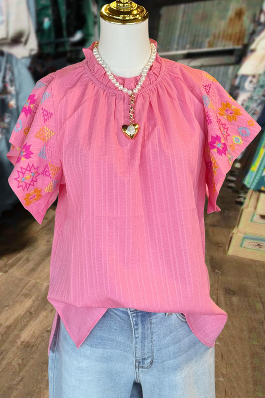 Embroidered Mock Neck Short Sleeve Top