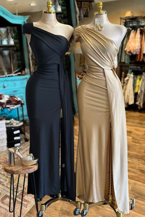 One Sleeve Draped Slit Dress